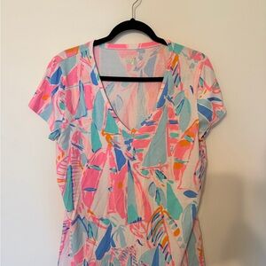 Lilly Pulitzer Pastel Abstract V-Neck Tee - Pink, Aqua & Blue